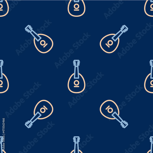 Line Traditional musical instrument mandolin icon isolated seamless pattern on blue background. Vector