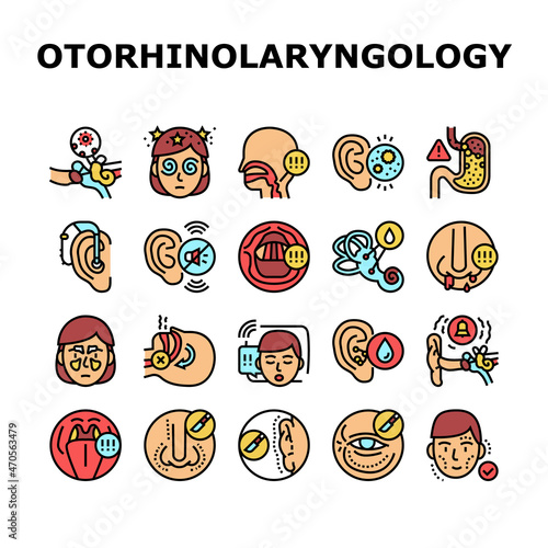 Otorhinolaryngology Treatment Icons Set Vector. Cholesteatoma And Hoarseness Health Problem, Rhinoplasty Surgery And Menieres Symptom Otorhinolaryngology Treat Line. Color Illustrations