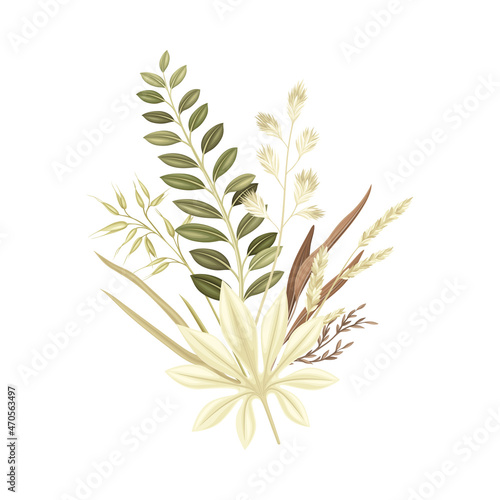 Dried plants bouquet. Grass and flowers in taupe, dusty pink, brown, ivory, sepia trendy colors for your own design vector illustration