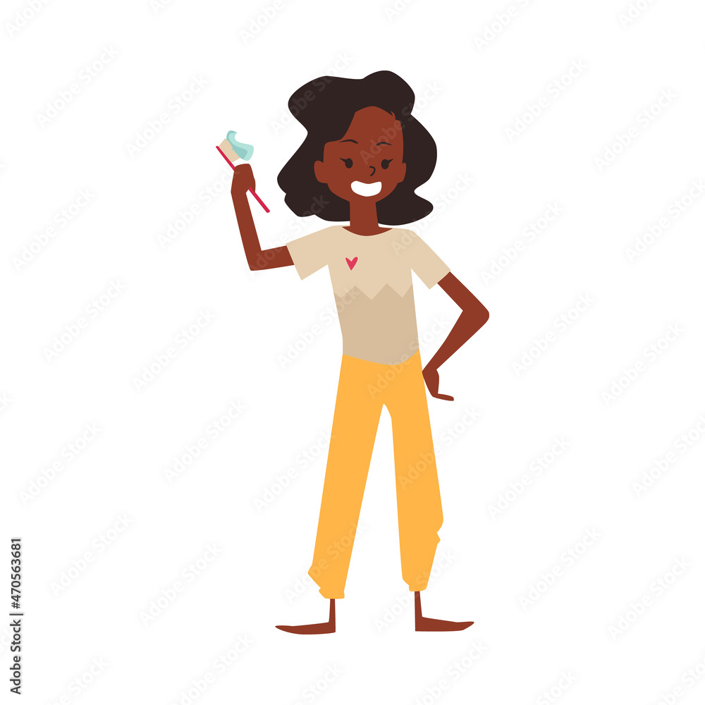 Happy teenager holds toothbrush with toothpaste, flat vector illustration isolated on white background. Happy teenager holds toothbrush with toothpaste, flat vector illustration isolated on white background.