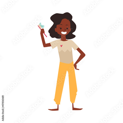 Happy teenager holds toothbrush with toothpaste, flat vector illustration isolated on white background.