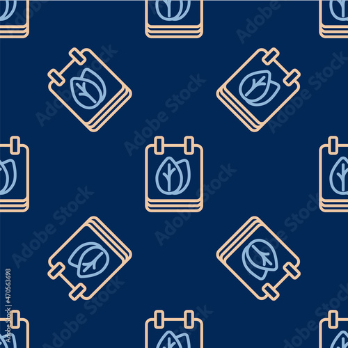 Line Calendar with autumn leaves icon isolated seamless pattern on blue background. Vector © Iryna