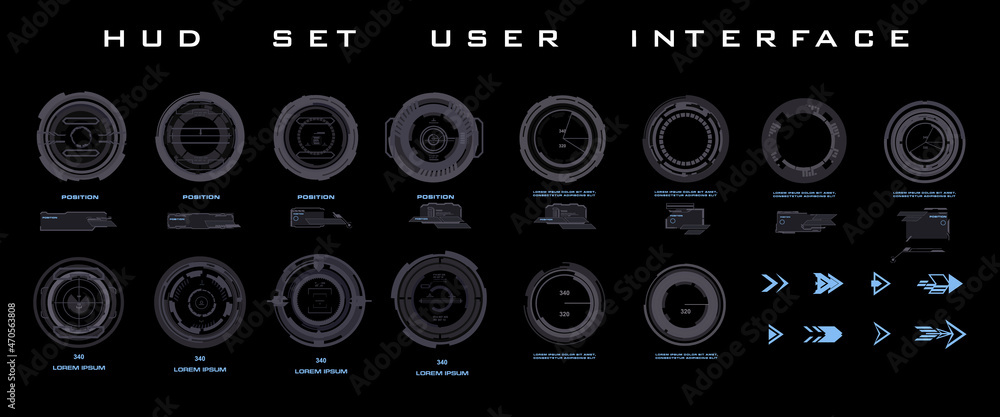 Set goals and targets. Navigation elements for the game HUD interface.  Futuristic targets, scopes, circles for virtual weapons and video games.  Personal HUD targets, UI UX for video editing, animation Stock Photo |