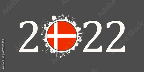 2022 year number with industrial icons around zero digit. Flag of Denmark.