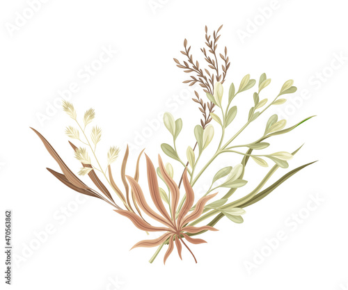 Wild dried flowers. Bouquet in green, ivory and dusty pink colors for your own design vector illustration