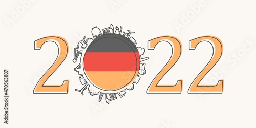 2022 year number with industrial icons around zero digit. Flag of Germany.