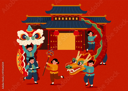 CNY folk dragon and lion dance