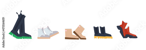 Set of winter shoes. High boots, short boots and sneakers on white background. Flat vector.