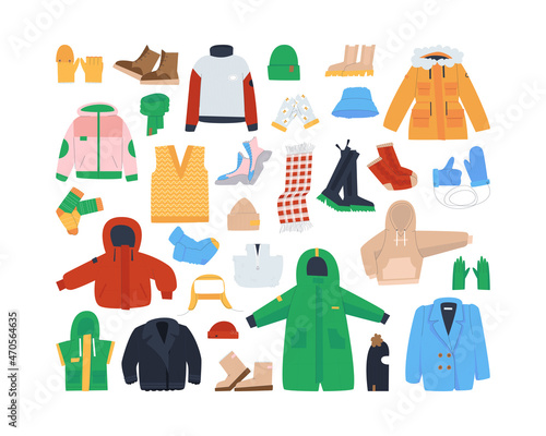 Large set of winter clothes. Jackets, shoes and accessories on white background. Flat vector.