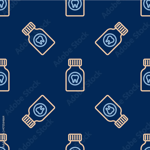 Line Toothache painkiller tablet icon isolated seamless pattern on blue background. Tooth care medicine. Capsule pill and drug. Pharmacy design. Vector
