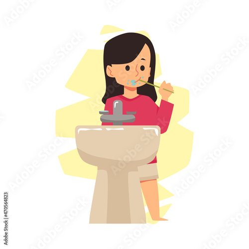 Cute child girl brushes teeth as part of daily routine, flat vector illustration isolated on white background.