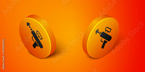 Isometric Fishing harpoon icon isolated on orange background. Fishery manufacturers for catching fish under water. Diving underwater equipment. Orange circle button. Vector