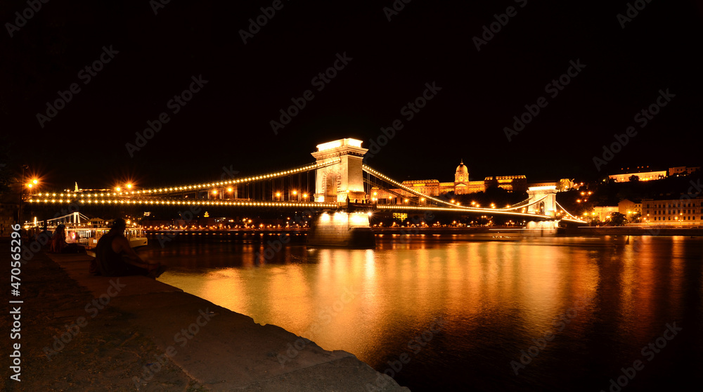 Beautiful panoramic view of the night Budapest and the Chain bridge over the Danube. View of the Royal Palace from Pest