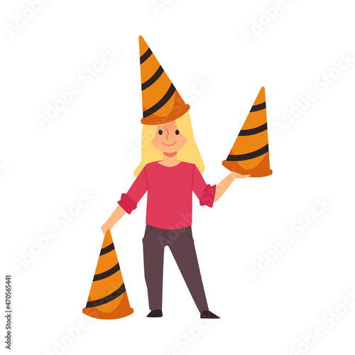 Cute girl with traffic cone on head, flat vector illustration isolated on white background.