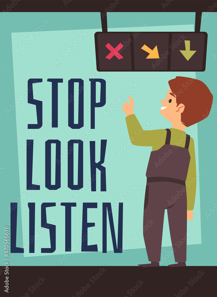 Child boy looks at traffic light before crossing road, cartoon poster for education - flat vector illustration. Child boy looks at traffic light before crossing road, cartoon poster for education - flat vector illustration.