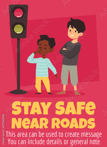 Safe traffic rules for kids card or banner, flat cartoon vector illustration.