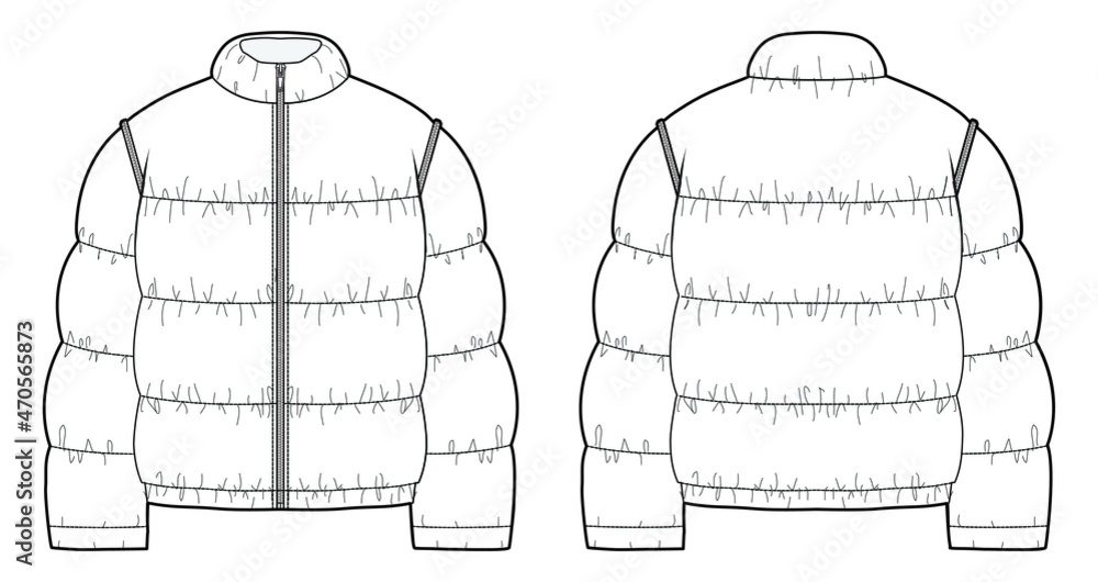 Unisex quilted padded jacket long sleeve bomber down jacket flat sketch  front and back view vector template Stock Vector