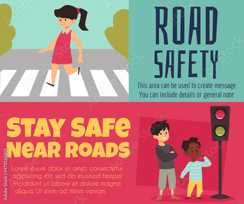 Girl walks along crosswalk and boys look at traffic light, horizontal banner template - flat vector illustration.
