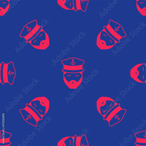 Red Captain of ship icon isolated seamless pattern on blue background. Travel tourism nautical transport. Voyage passenger ship, cruise liner. Vector