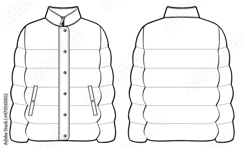 Quilted jacket technical sketch of women and men unisex down jacket front and back view vector illustration