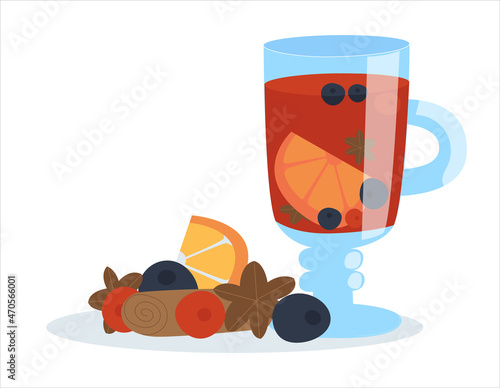 Red tea in a clear glass with a handle. Berries and spices for mulled wine. A hot winter drink. Flat isolated illustration on white background.