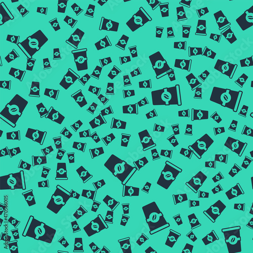 Black Coffee cup to go icon isolated seamless pattern on green background. Vector