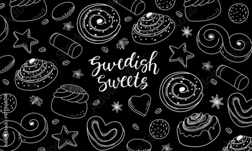 Swedish sweets black and white background with calligraphy. Bakery decor. Vector