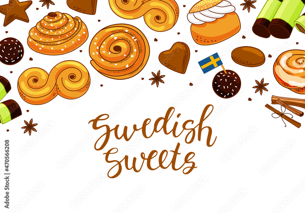 Traditional Swedish sweets background with calligraphy. Kanelbulle bun,  cinnamon roll, Pepparkakor, Semla, lussekatt, dammsugare, and chokladboll.  Cartoon vector illustration Stock Vector | Adobe Stock