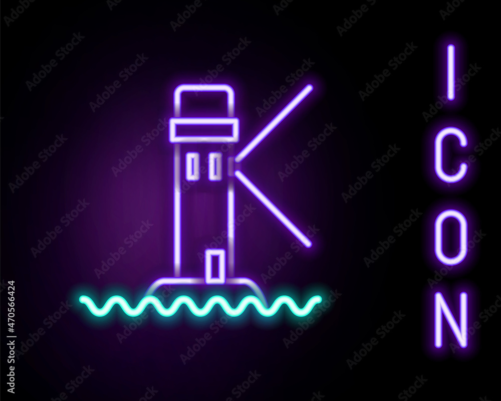 Glowing neon line Lighthouse icon isolated on black background. Colorful outline concept. Vector Glowing neon line Lighthouse icon isolated on black background. Colorful outline concept. Vector