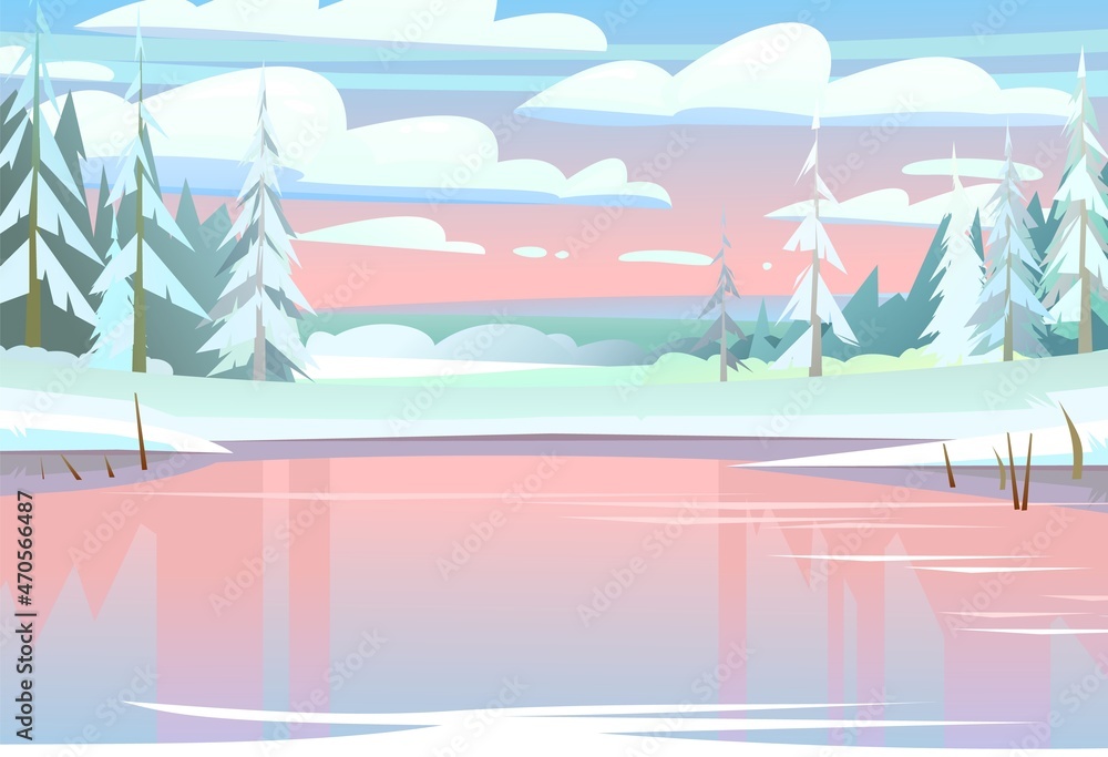 Red sunset or sunrise. Winter rural landscape with cold white snow and drifts. Beautiful frosty view of countryside hilly plain. Flat design cartoon style. Vector Red sunset or sunrise. Winter rural landscape with cold white snow and drifts. Beautiful frosty view of countryside hilly plain. Flat design cartoon style. Vector