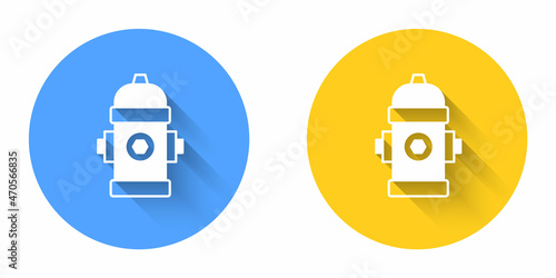 White Fire hydrant icon isolated with long shadow background. Circle button. Vector
