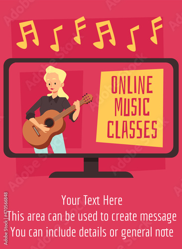 Woman plays guitar at online music classes, flat vector illustration.