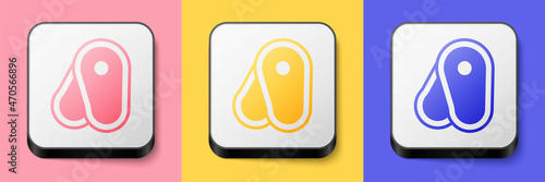 Isometric Steak meat icon isolated on pink, yellow and blue background. Square button. Vector