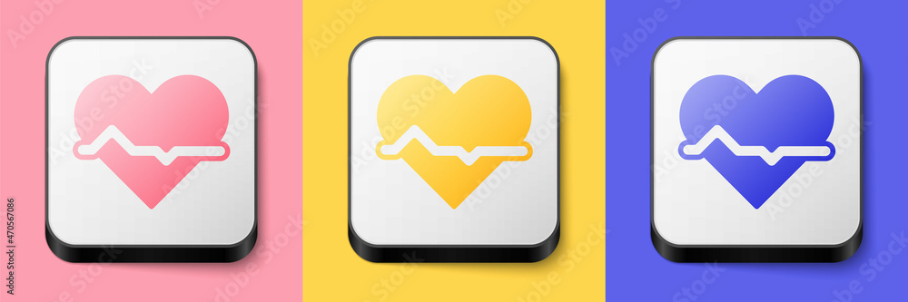 Isometric Heart rate icon isolated on pink, yellow and blue background. Heartbeat sign. Heart pulse icon. Cardiogram icon. Square button. Vector Isometric Heart rate icon isolated on pink, yellow and blue background. Heartbeat sign. Heart pulse icon. Cardiogram icon. Square button. Vector