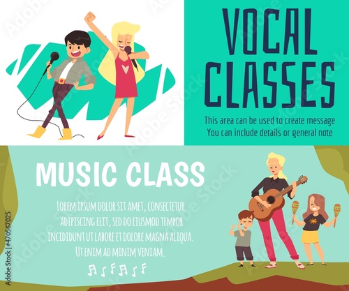Kids vocal music classes horizontal banners set flat vector illustration.