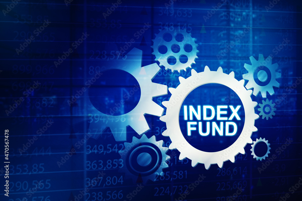 Index fund text on cogwheels with trading stock