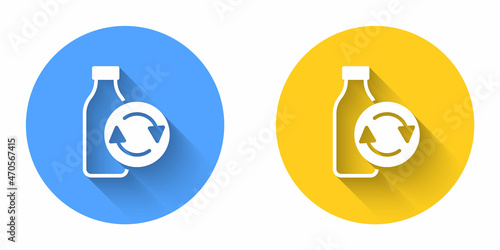 White Recycling plastic bottle icon isolated with long shadow background. Circle button. Vector