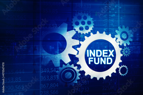 Index fund text on cogwheels with trading stock