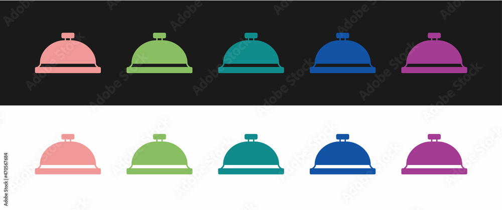 Set Covered with a tray of food icon isolated on black and white background. Tray and lid sign. Restaurant cloche with lid. Vector Set Covered with a tray of food icon isolated on black and white background. Tray and lid sign. Restaurant cloche with lid. Vector