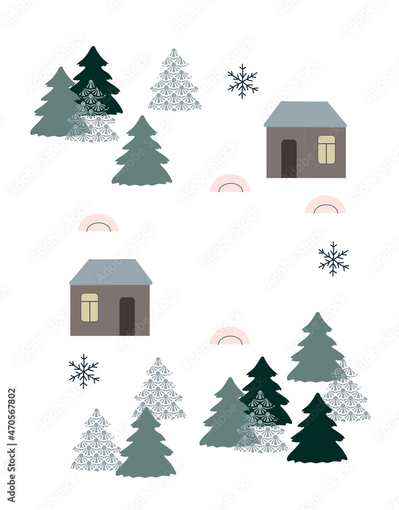 Winter, December, Houses,  holiday, congratulations, forest, snow, New Year, festive decor, postcard, concept, clipart