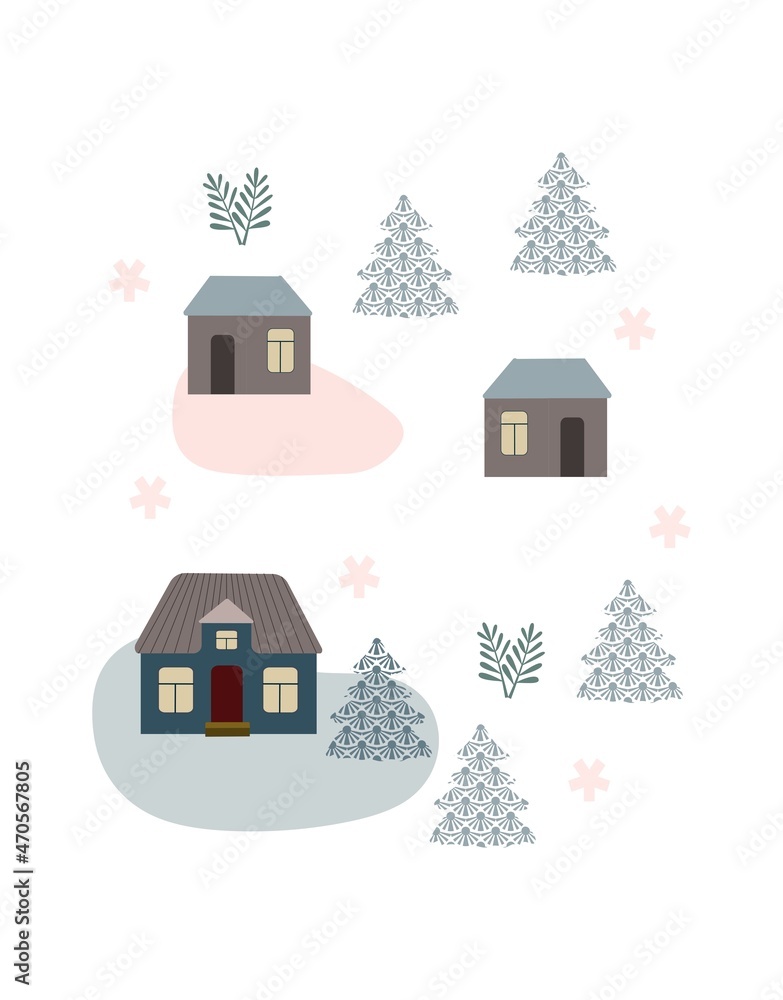 Winter, December, Houses,  holiday, congratulations, forest, snow, New Year, festive decor, postcard, concept, clipart