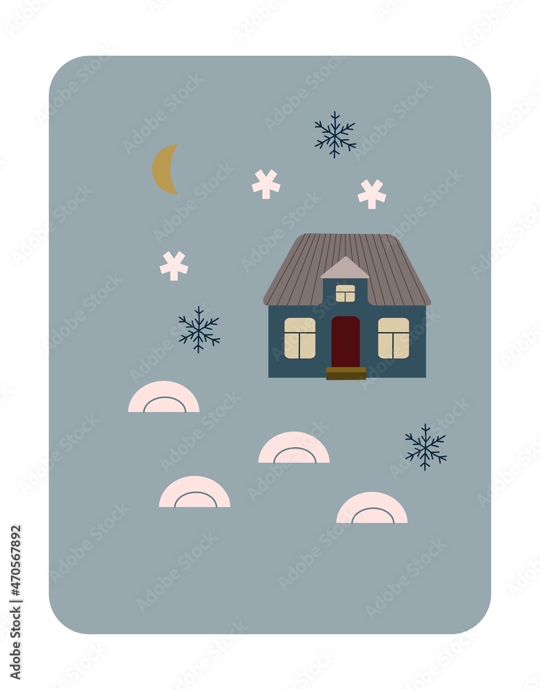 Winter, December, House, holiday, congratulations, forest, snow, New Year, festive decor, postcard, concept, clipart