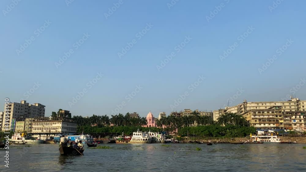 Vertical view of a commercial river port in the mid-afternoon at old Dhaka city in Bangladesh, India Vertical view of a commercial river port in the mid-afternoon at old Dhaka city in Bangladesh, India