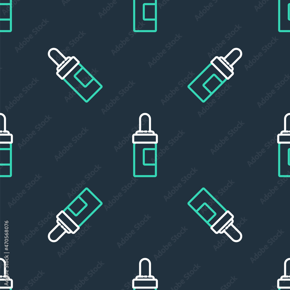 Line Beard and mustaches care oil bottle icon isolated seamless pattern on black background. Glass bottle with pipette. Vector Line Beard and mustaches care oil bottle icon isolated seamless pattern on black background. Glass bottle with pipette. Vector
