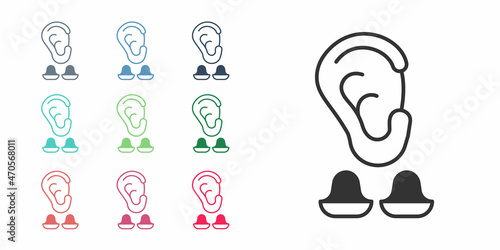 Black Earplugs and ear icon isolated on white background. Ear plug sign. Noise symbol. Sleeping quality concept. Set icons colorful. Vector
