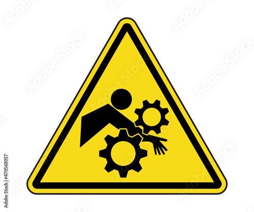 Rotating Gears Arm Entanglement Label. International Pinch Point Entanglement Hazard Symbol Vector EPS10