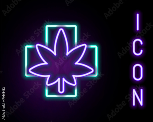 Glowing neon line Medical marijuana or cannabis leaf icon isolated on black background. Hemp symbol. Colorful outline concept. Vector
