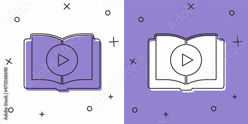 Set Audio book icon isolated on white and purple background. Play button and book. Audio guide sign. Online learning concept. Vector