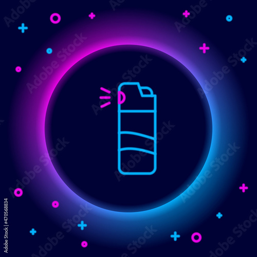 Glowing neon line Pepper spray icon isolated on black background. OC gas. Capsicum self defense aerosol. Colorful outline concept. Vector