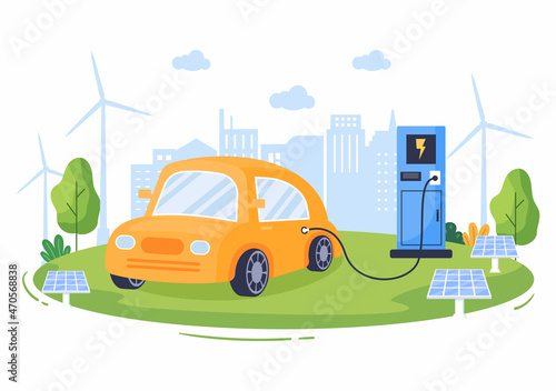 Charging Electric Car Batteries with the Concept of Charger and Cable Plugs that use Green Environment, Ecology, Sustainability or Clean Air. Vector illustration